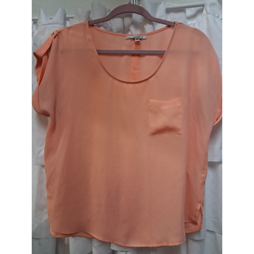 Papaya Womens Peach Coral Button Back Short Sleeve Chiffon Blouse Size Medi 1628